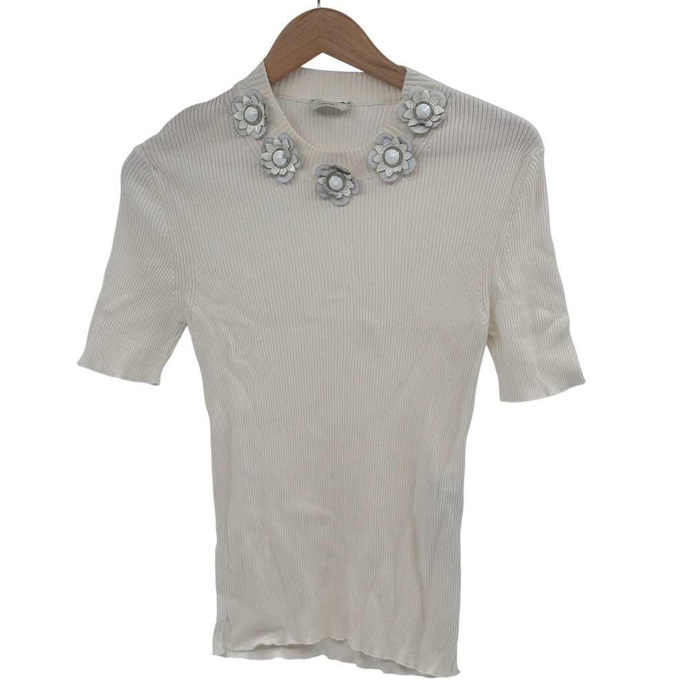 Fendi Top Short Sleeve Ribbed Women Size 42 / Small White Floral Appliqué